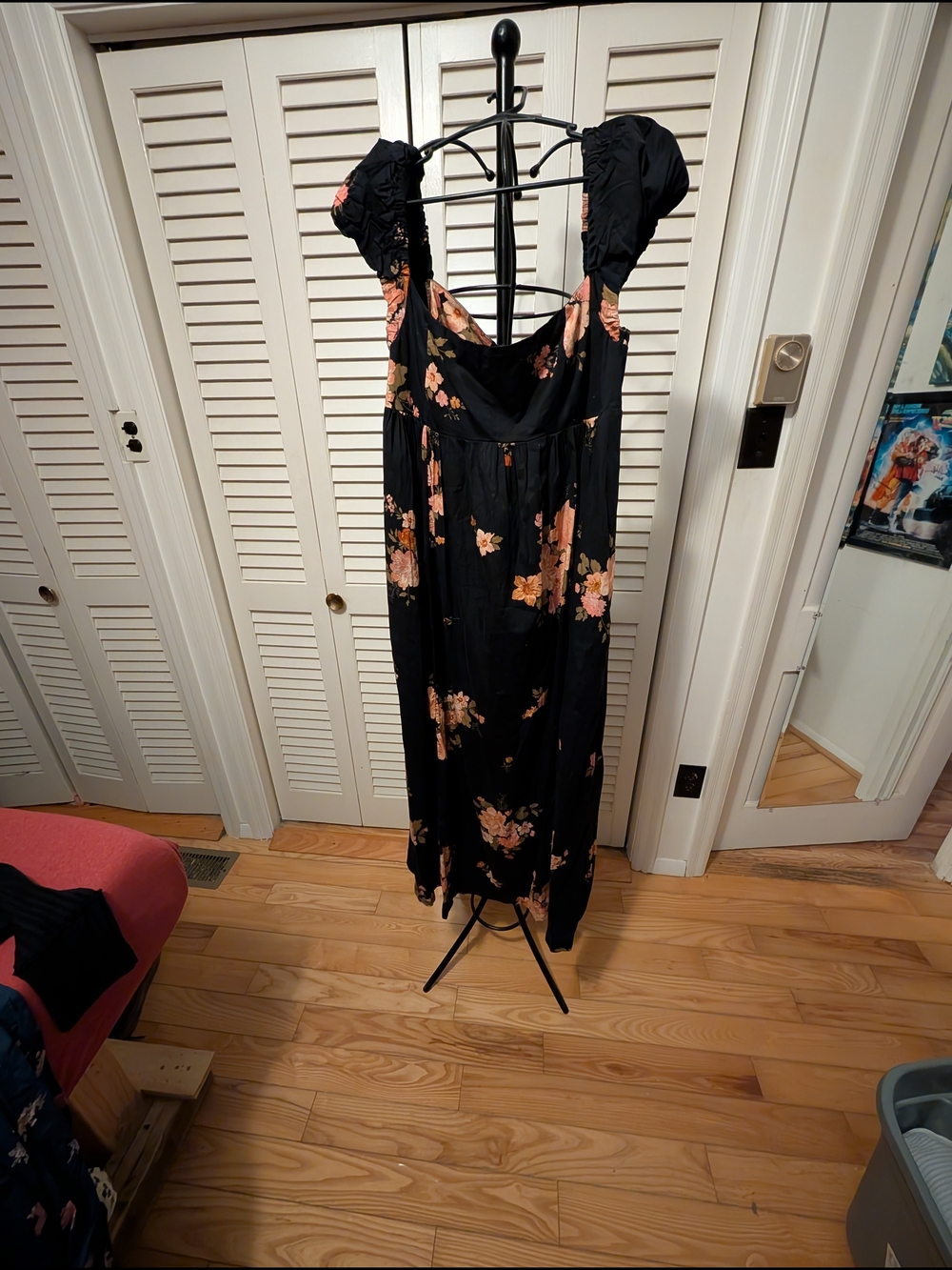 Free People Black Maxi Dress with Peach Floral Print Size Large